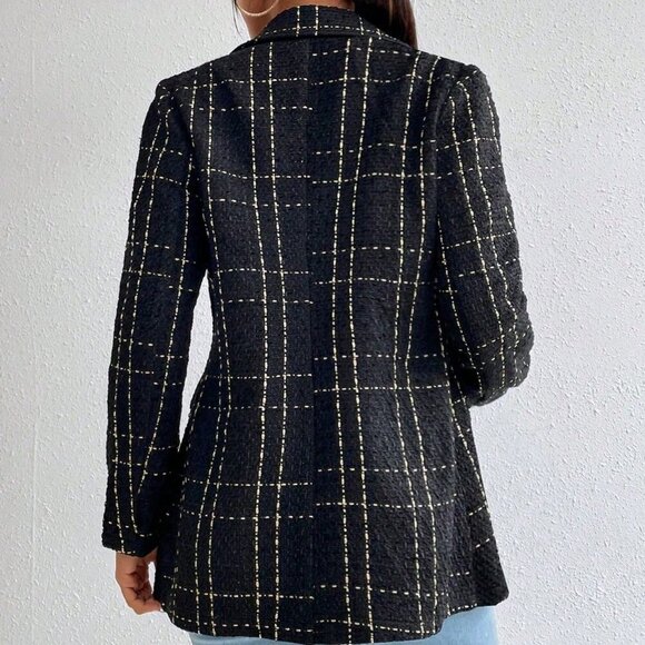 Black Elegant Women's Plaid Double Breasted Tweed Blazer - Picture 2 of 7